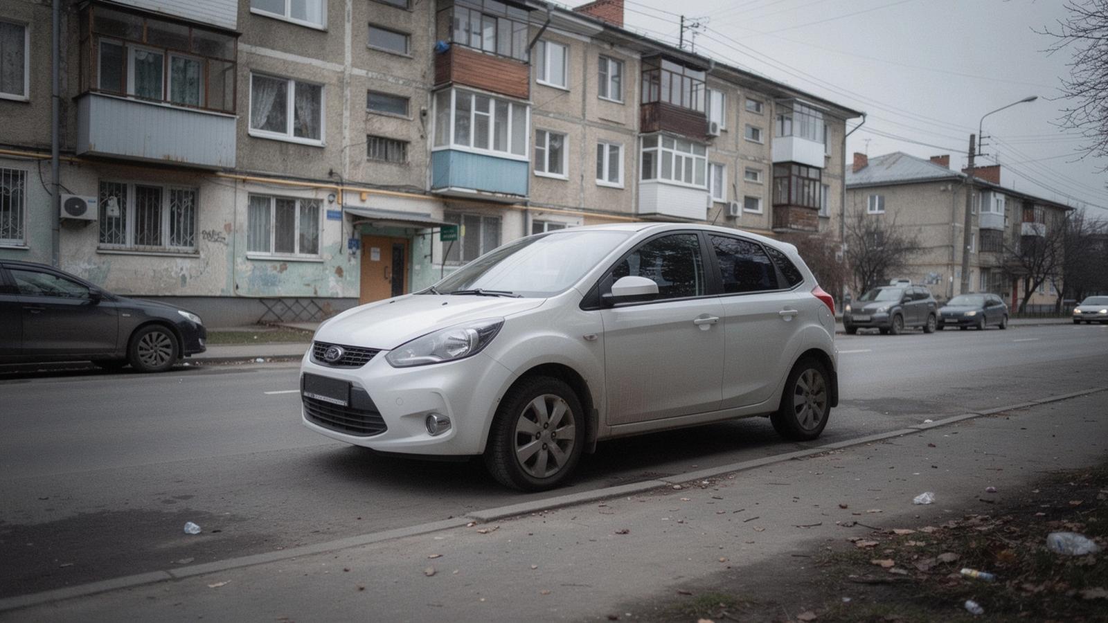 Compact city car parked at the kerb of a Kyiv street on an overcast afternoon
